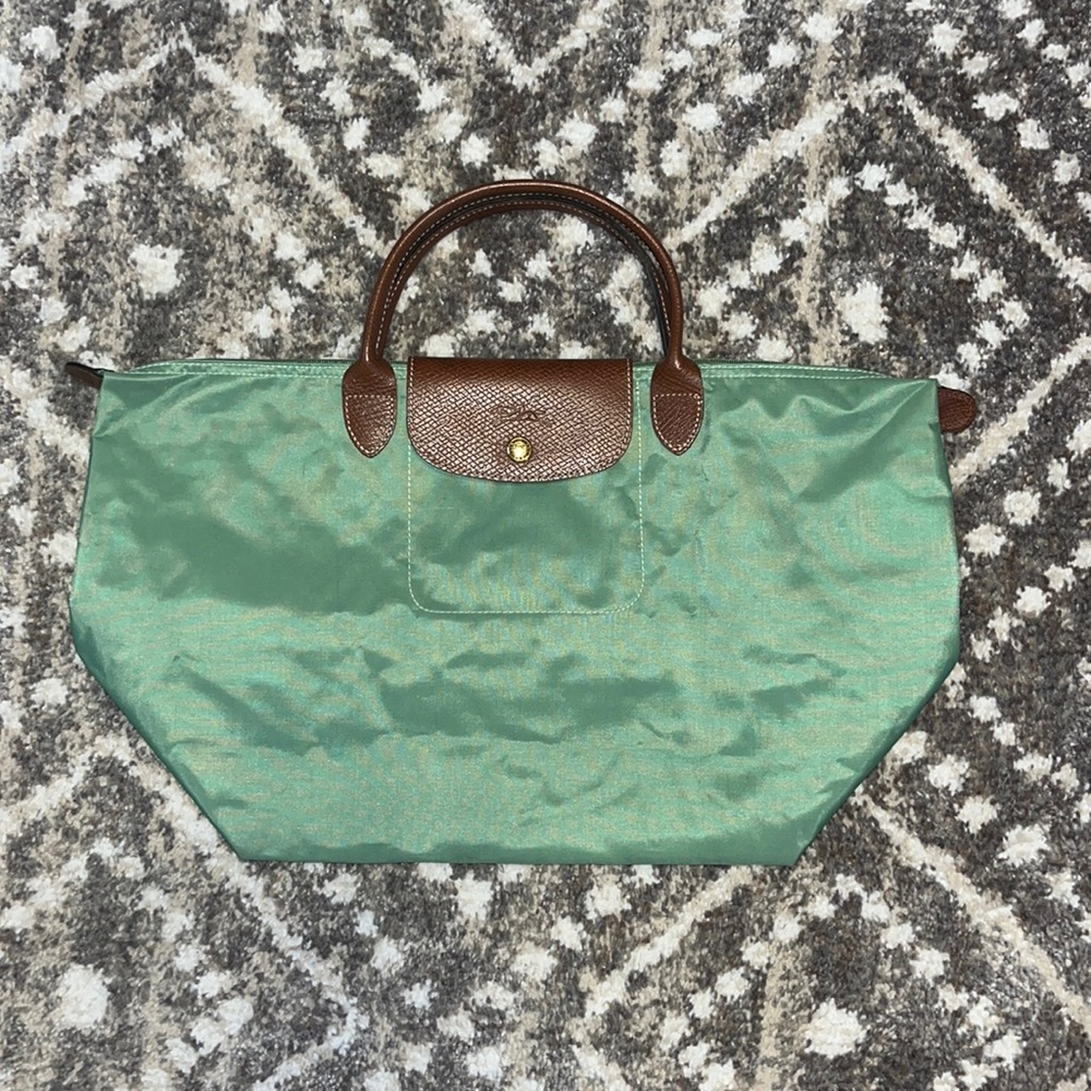 Longchamp Green Nylon and Brown Leather Tote